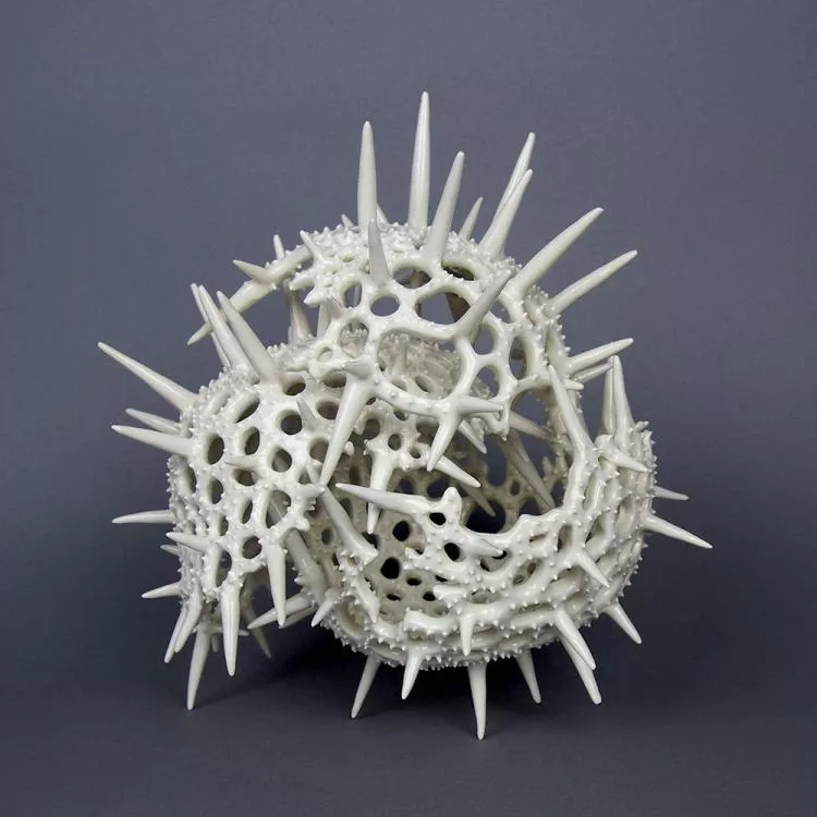 Prickly Persistence, by Marguerita Hagan. Hand-built ceramic, 9 x 9 x 9in