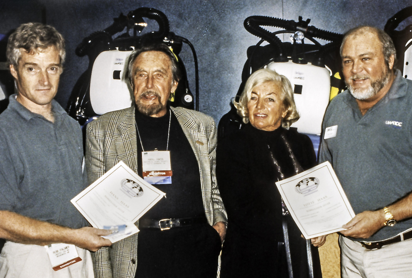 Rob Palmer, Hans and Lotte Hass, Bret Gilliam receiving TDI Rebreather certifications 1997