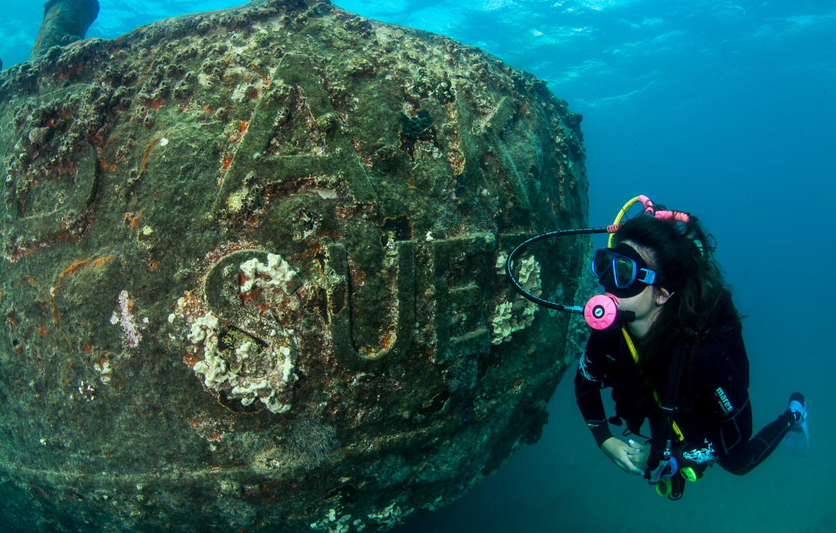 Diver reads name of Bakr on stern of wreck, Ras Gharib, Gulf of Suez, Egypt. Photo by Rudolf Gonda.