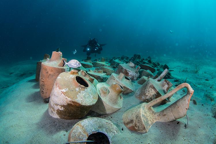 Photo by Claudia Weber-Gebert: One hundred-fifty amphorae, which were recovered from a wreck that sank around 70-65 BC near La Madrague, have been resubmerged in the bay of La Tour Fondue, Hyères, France.