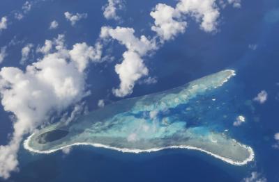 Aerial view of the islands and coral reefs in Truk Lagoon.