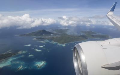 View of the islands and coral reefs in Truk Lagoon, on flight from Guam.