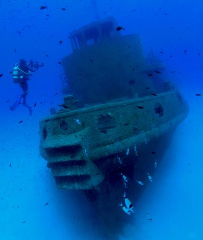Diver at the bow of the Rozi wreck. Photo by Don Silcock.