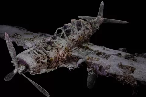 Photogrammetry image of the wreck of a Nakajima “Kate” B5N fighter-bomber in Kavieng. Image by Sean Twomey