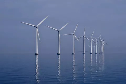 Middelgrunden offshore wind farm (40 MW) in the Øresund, 3.5 km outside Copenhagen, Denmark.