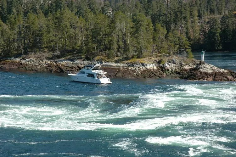 Dive boat in the Skookumchuck, BC, Canada. Photo by Barb Roy