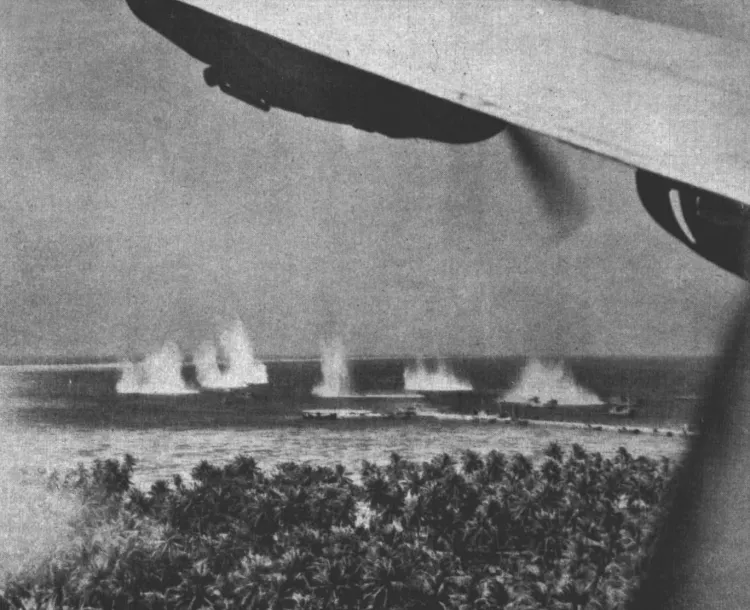 Japanese ships under attack in Kwajalein lagoon ca 1943