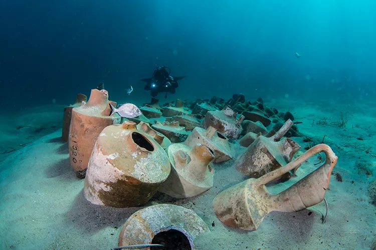 Photo by Claudia Weber-Gebert: One hundred-fifty amphorae, which were recovered from a wreck that sank around 70-65 BC near La Madrague, have been resubmerged in the bay of La Tour Fondue, Hyères, France.