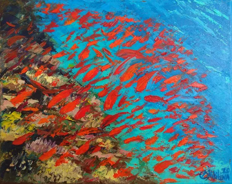 Red Fish in the Red Sea, by Olga Nikitina. Oil on canvas, 25 x 20cm 