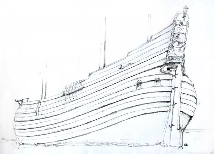 "Reconstruction drawing showing the ship with the transom in place at stern. The transom found at the seabed has propable rusted attachment point where the lantern has been. It's shown in the drawing. Drawing: Niklas Eriksson Badewanne Handle Productions 2021