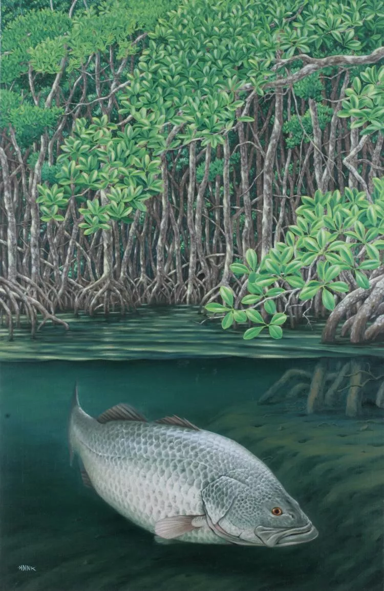 Mangrove Forest, barramundi, 39.4 x 26, oil on canvas by Setsuo Hamanaka