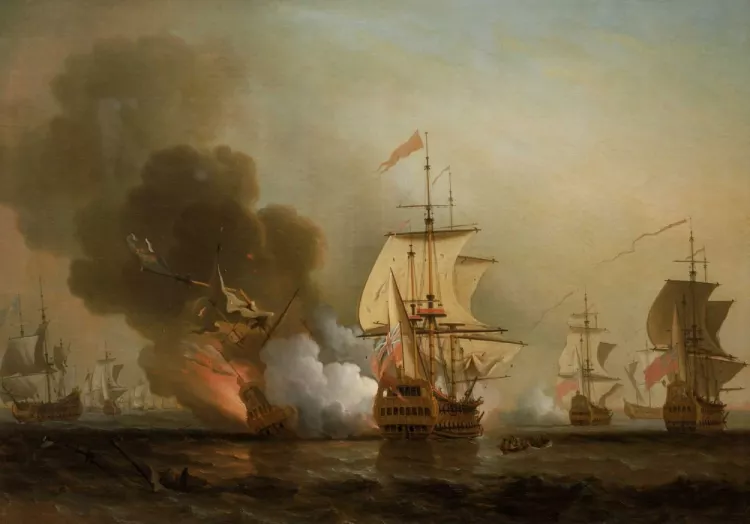 Explosion of San José during Wager’s Action. Oil on canvas by Samuel Scott – Public Domain