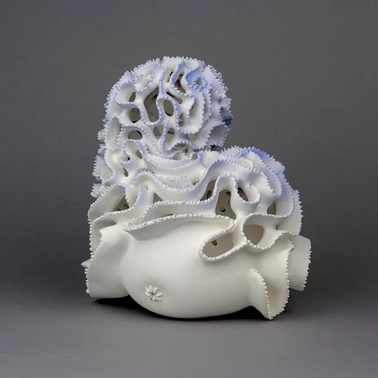 Cayo Blanco Day Dreaming, by Marguerita Hagan (left). Hand-built ceramic, 5.25 x 6.75 x 5.75in, inspired by snorkeling among the brilliant brain coral in the sunlit reef of Cayo Blanco (White Key), a few hours off Trinidad, Cuba. Photo by Richard W. Gretzinger.