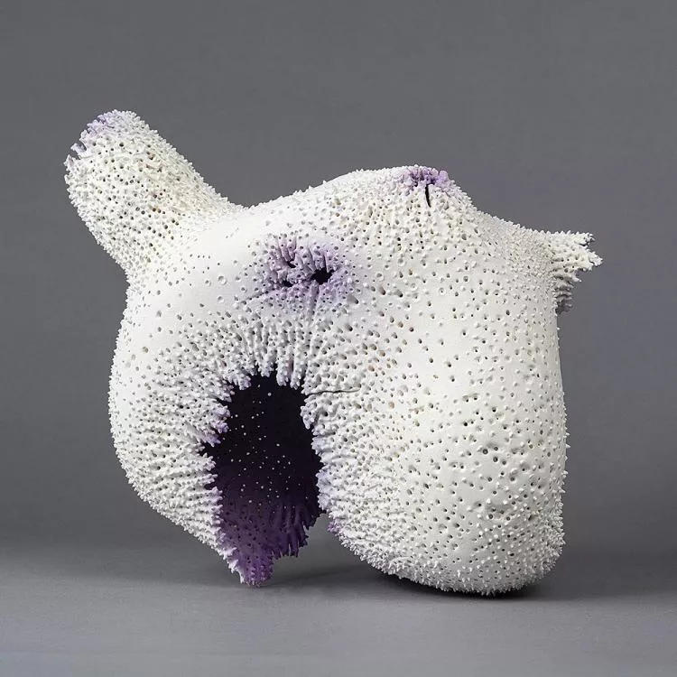 Cayman Crush, by Marguerita Hagan. Hand-built ceramic, 6.5 x 8.25 x 6.5in, inspired by the exquisite engineering of sea sponges seen while diving Cayman Island. Photo by Richard W. Gretzinger.