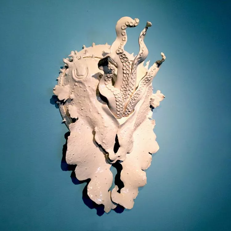 Broad Club Cuttlefish Shield, by Marguerita Hagan. Hand-built ceramic, 22 x 15 x 8in