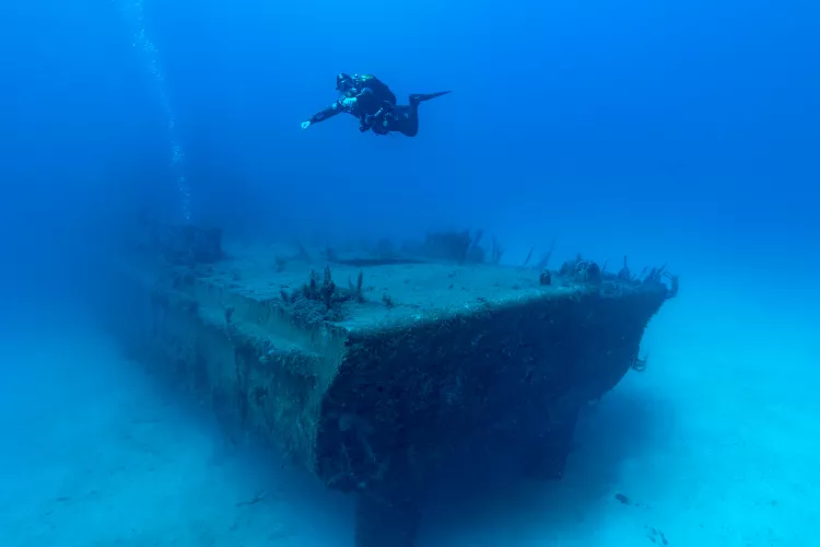 Diver hovers at the stern of the P29, a patrol boat that was intentionally sunk. Photo by Michael Salvarezza and Christopher P. Weaver.